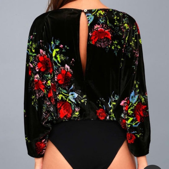 Free People Black Velvet Slouchy Floral Bodysuit Keyhole Amor Whimsigoth Large - Picture 6 of 11